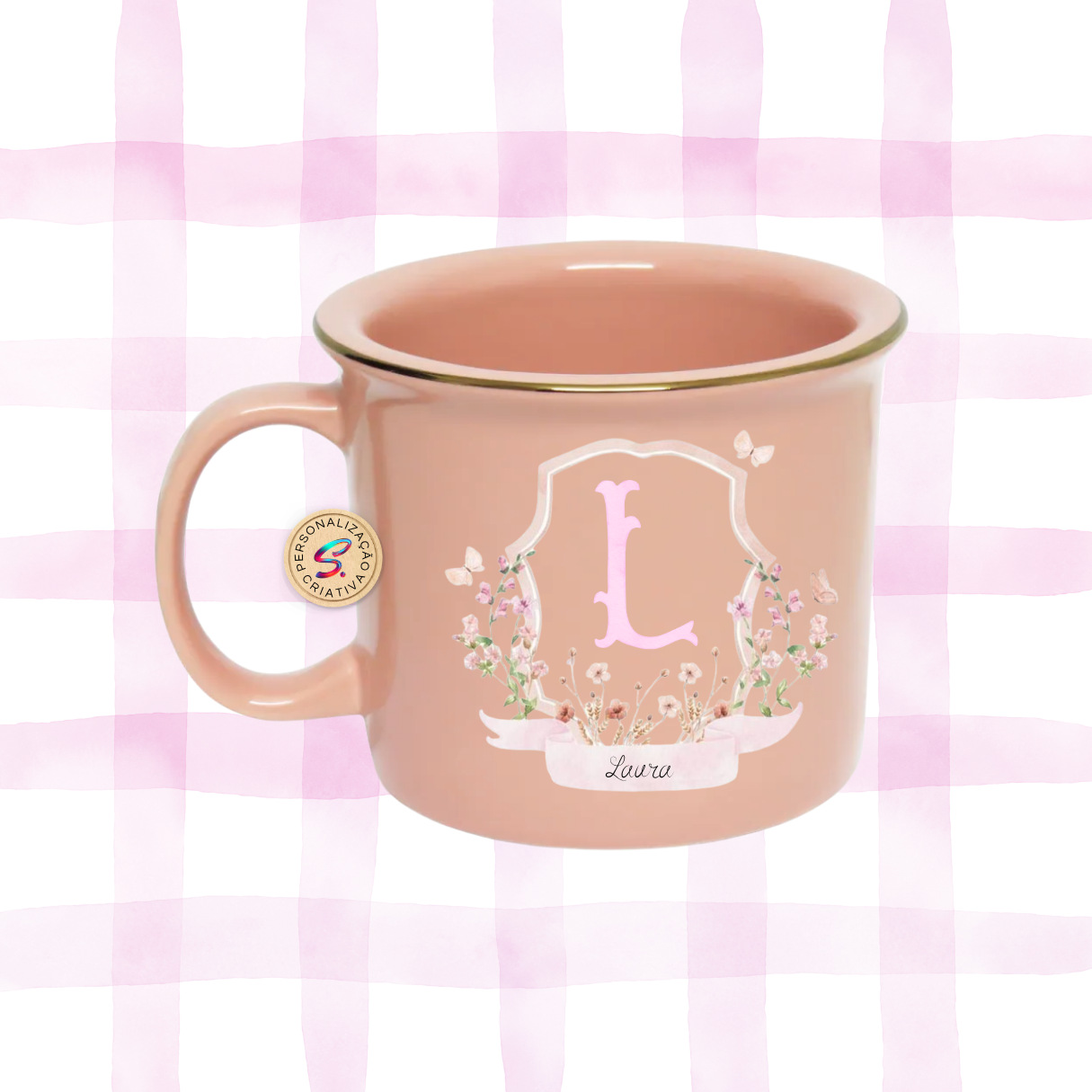 Canequinha Cerâmica Rosa Borda Dourada 280ml